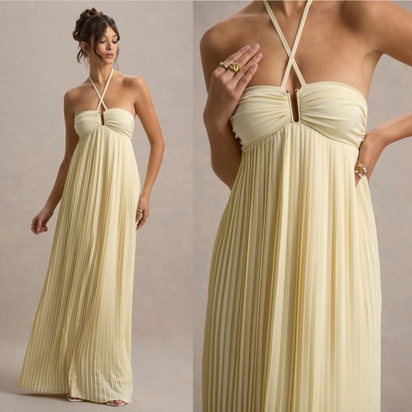 NWT Club L London CHAMPAGNE PALE LEMON HALTER-NECK MAXI DRESS CUT-OUT Size 2 UK6